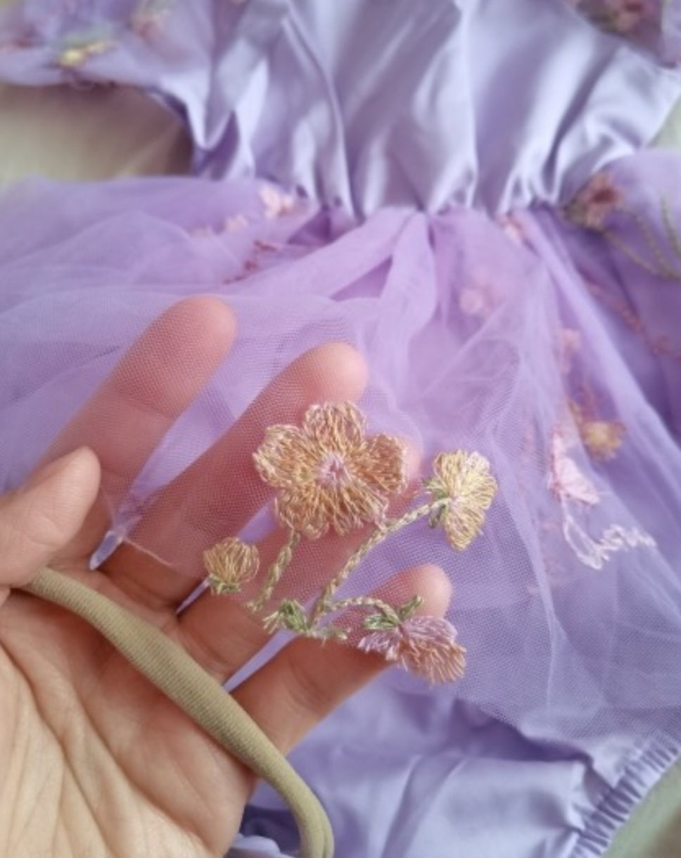 Embroided Purple Pull Sleeve Romper and Headband 1000109