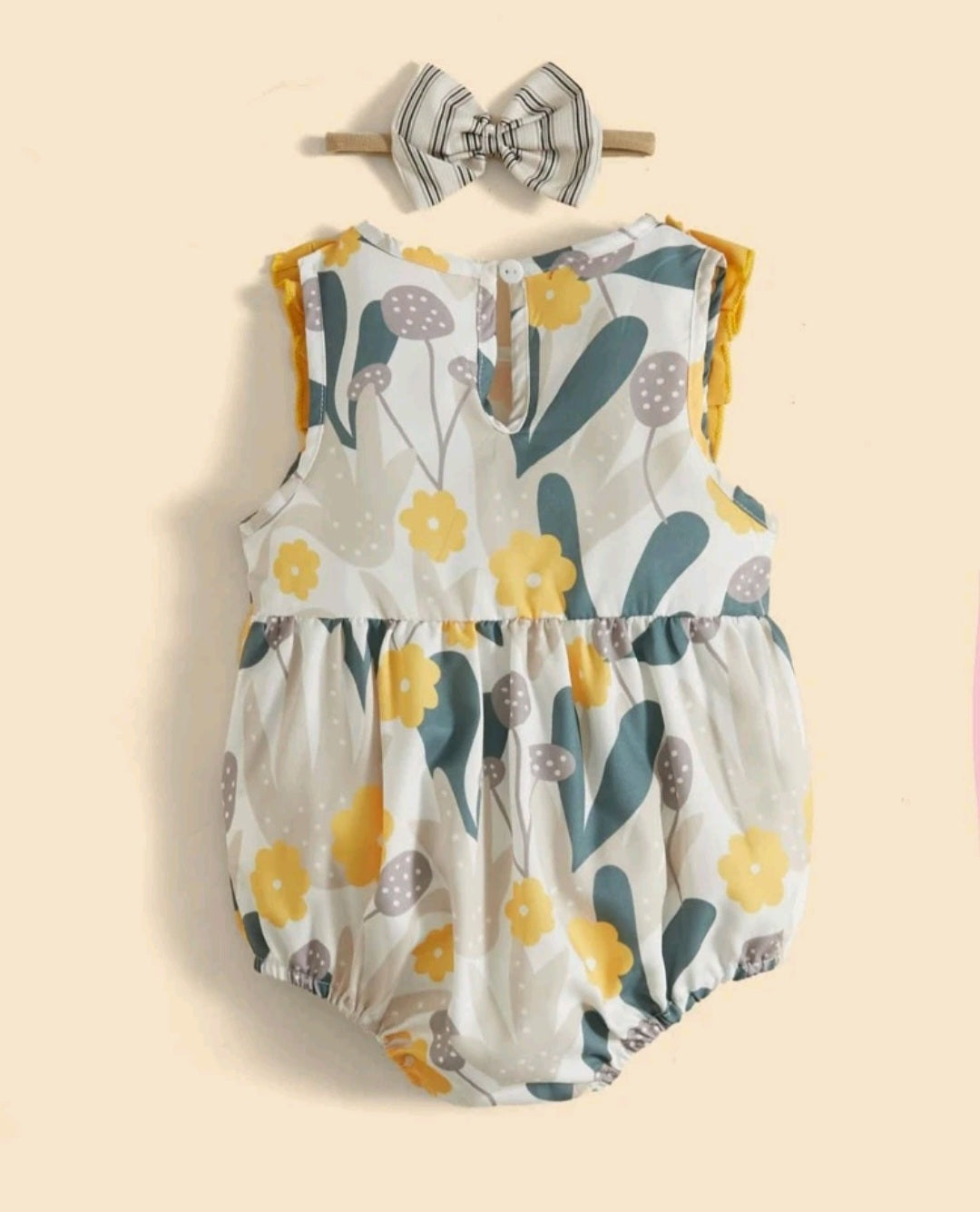 Yellow Floral Romper with Ruffles, Bows and Headband