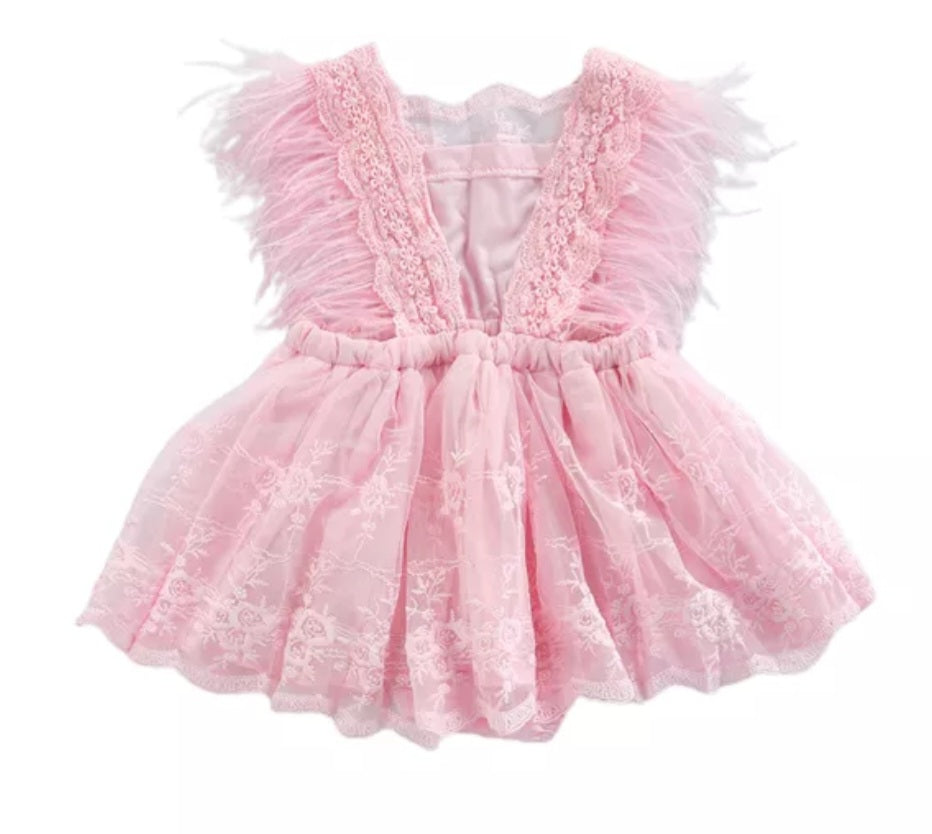 Pink Lace Romper with Feather Detail