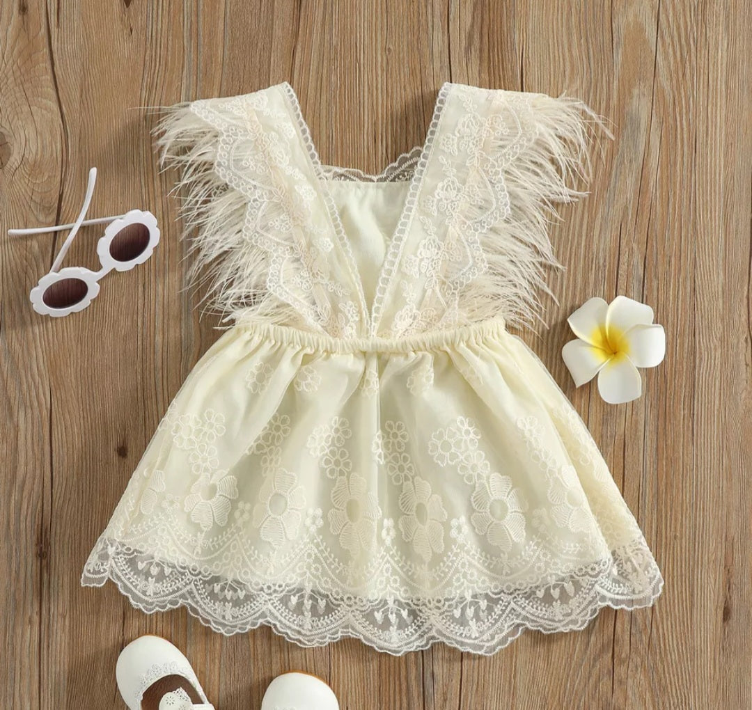 Ivory Lace Dress with Feather Detail