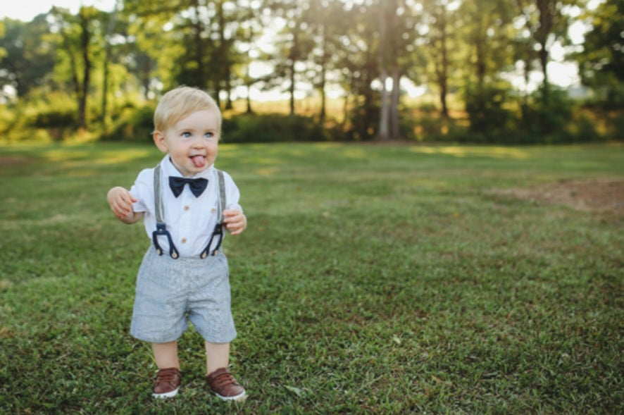 Gentleman Suit White Short Sleeve Shirts with Shorts, Suspenders and Bowtie