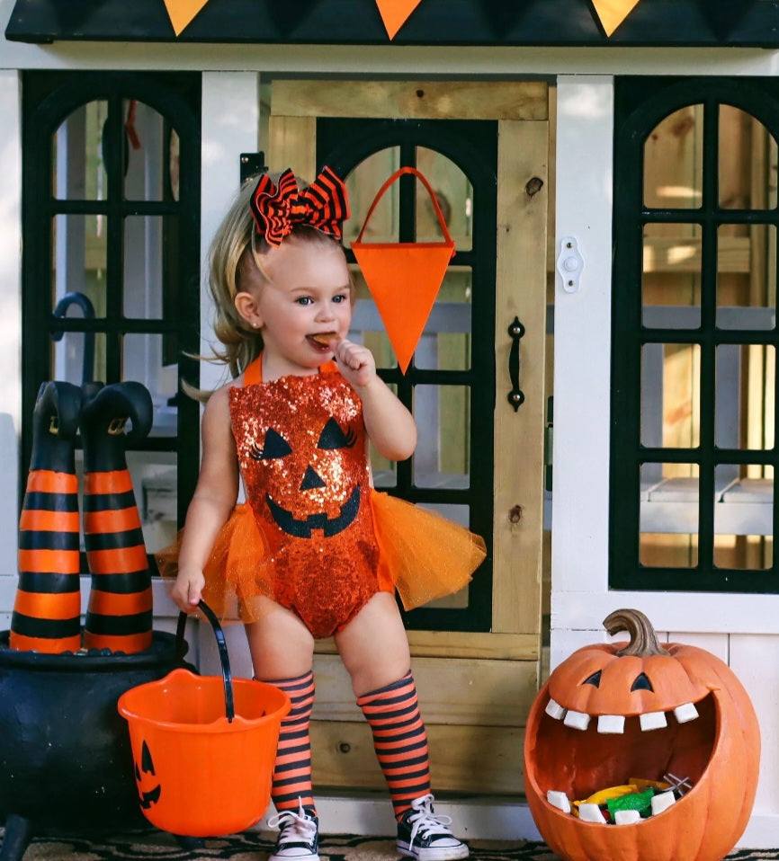 Orange Sequin Ghost Romper With Romantic Tutu and Leg Warmers