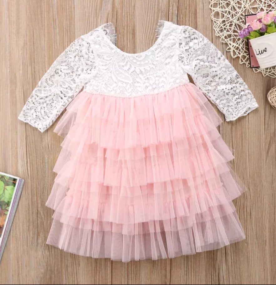 Long Sleeve Lace and Peachy Pink Tutu Dress 1000329