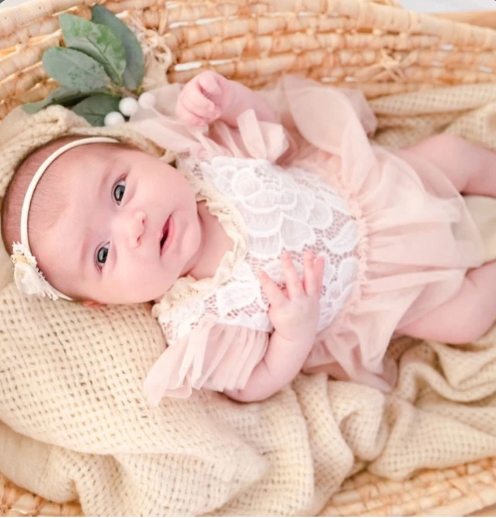 Lace Romper with Romantic Peach Pink Tutu and Ruffle Sleeve