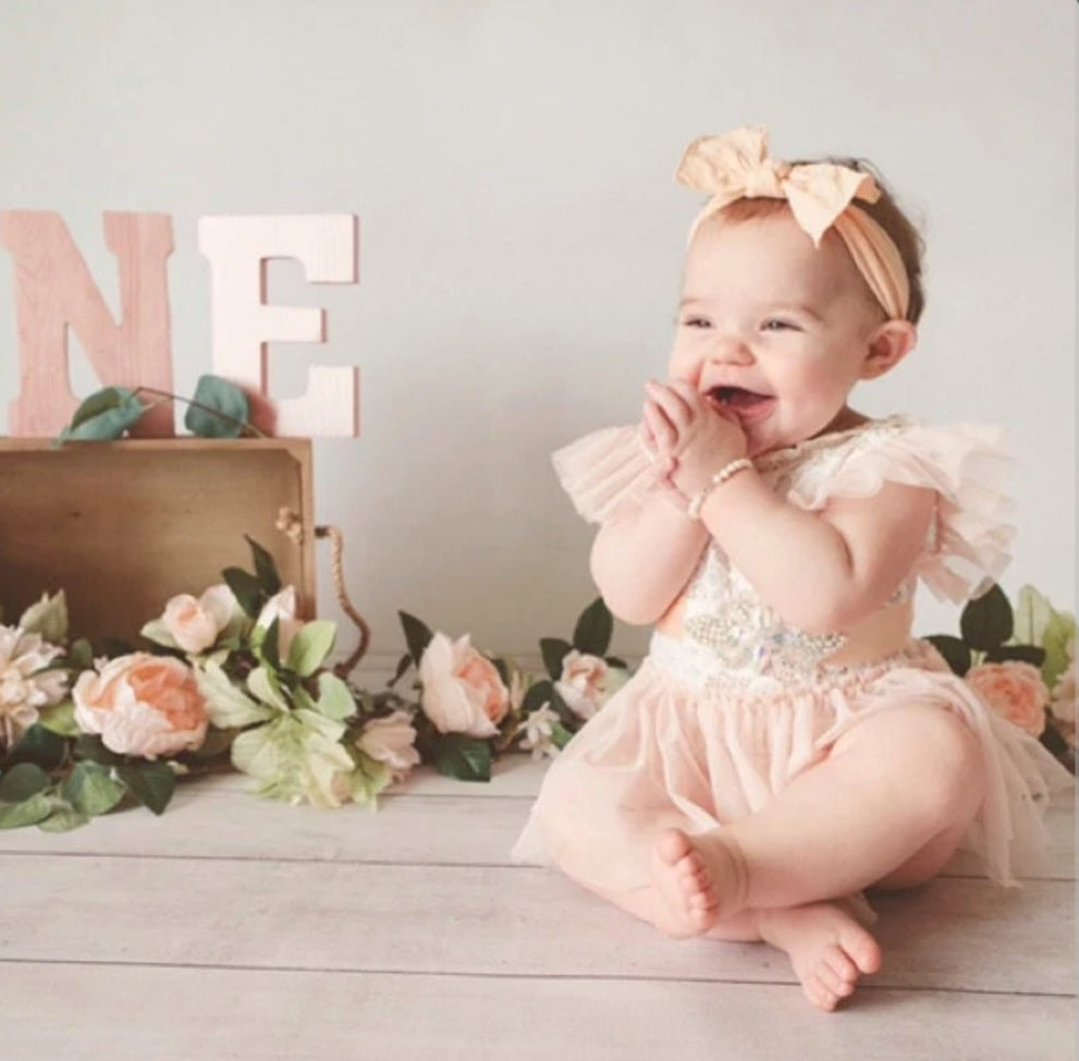 Lace Romper with Romantic Peach Pink Tutu and Ruffle Sleeve