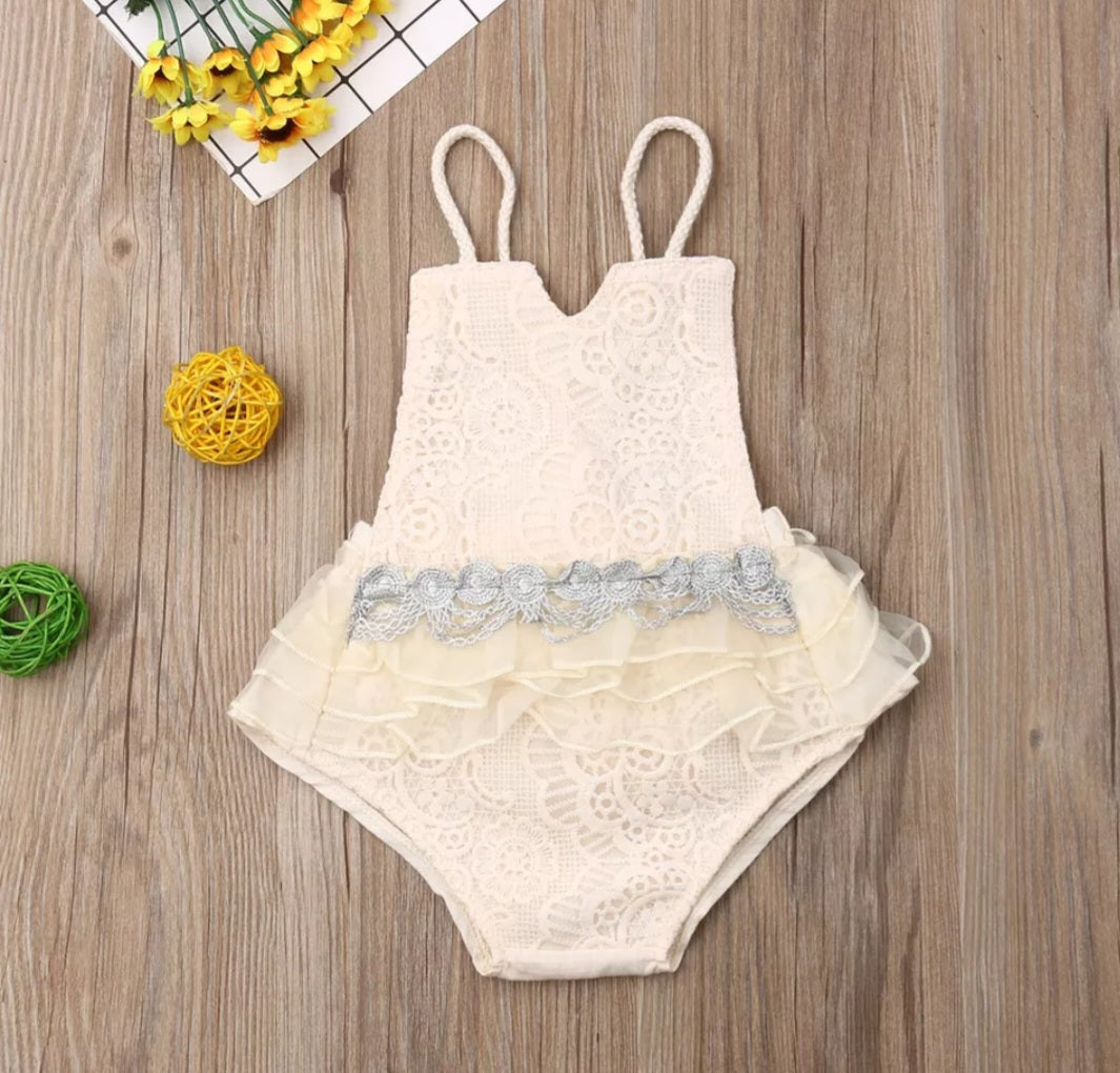 Lace Boho Romper with Silver Lace Detail