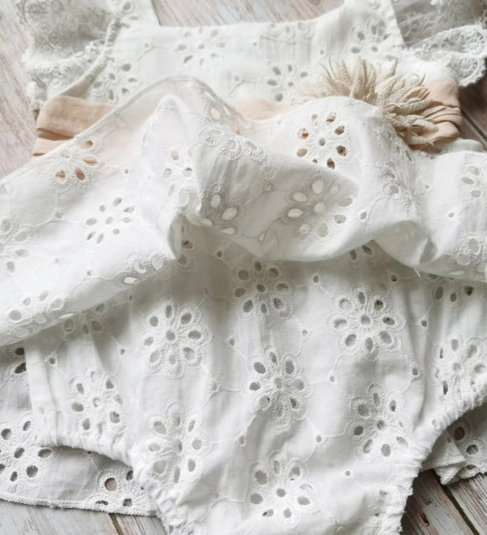 White Lace Romper Dress with Floral Detail