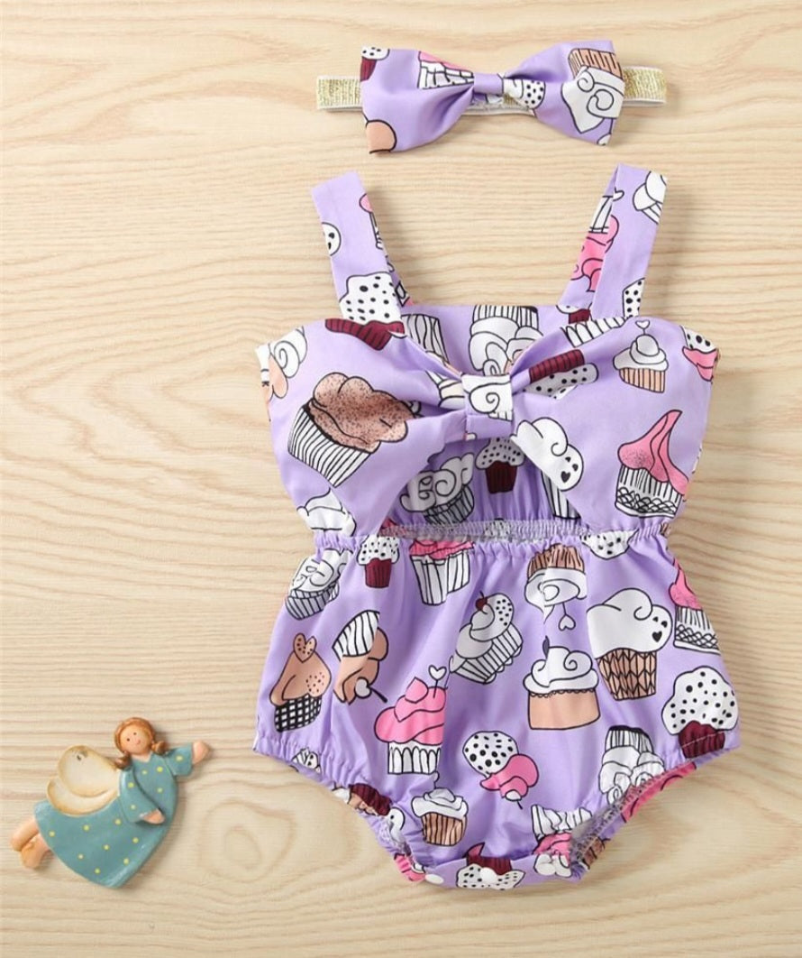 Purple Cup Cake Romper and Headband