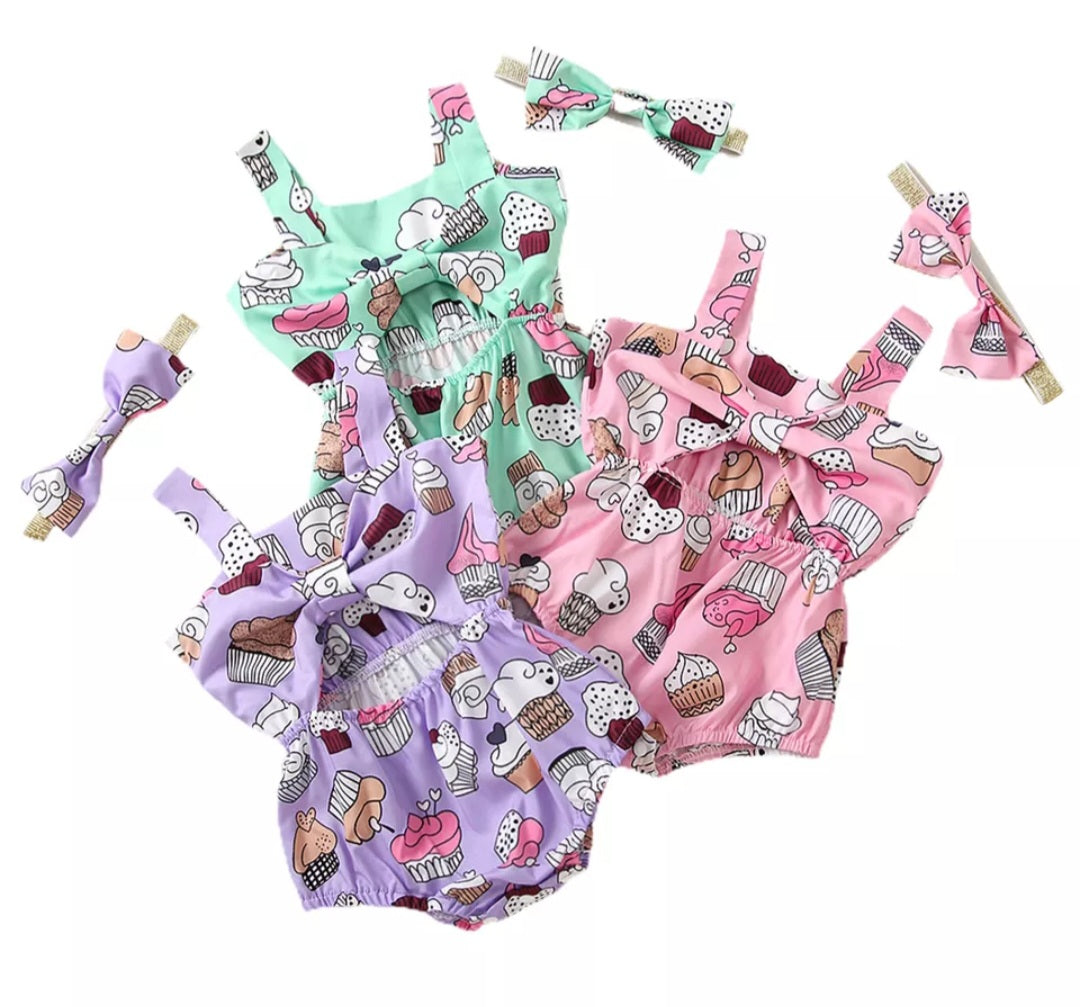 Mint Cup Cake Bowknot Romper 1000499