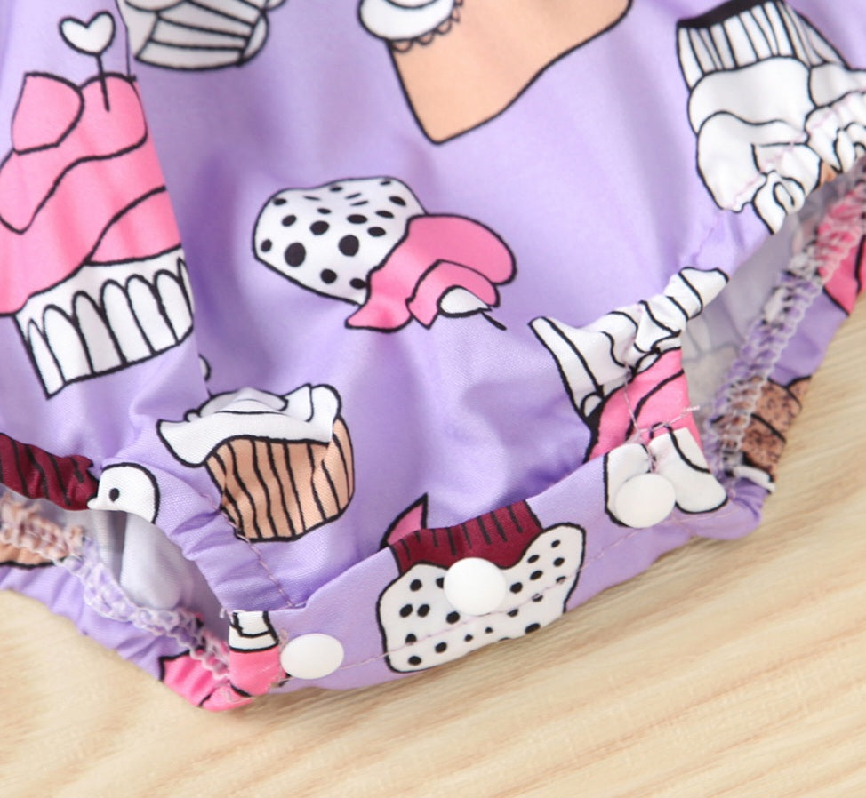 Purple Cup Cake Romper and Headband