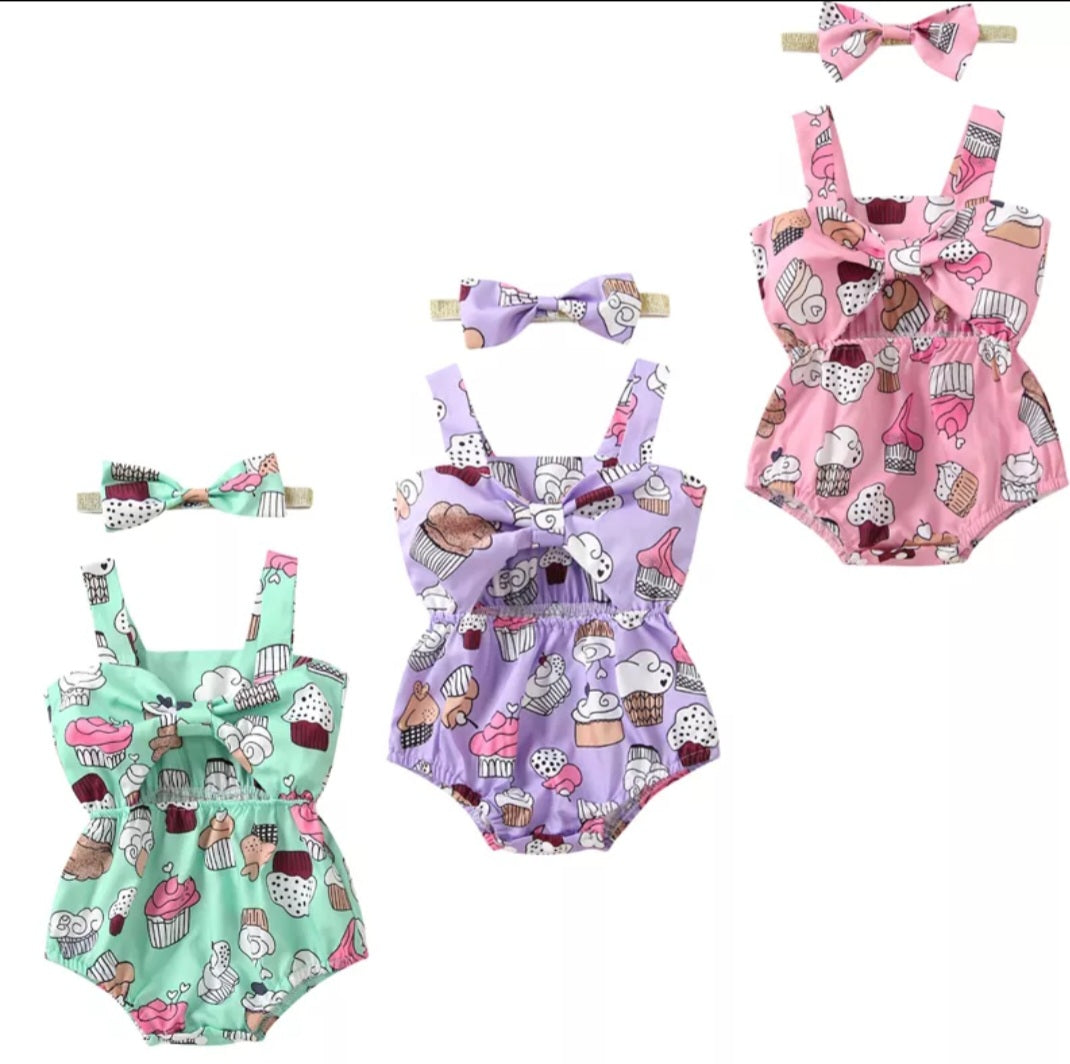 Purple Cup Cake Romper and Headband