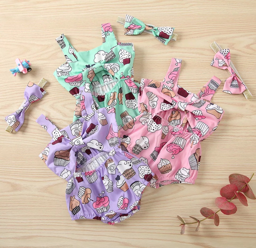 Purple Cup Cake Romper and Headband