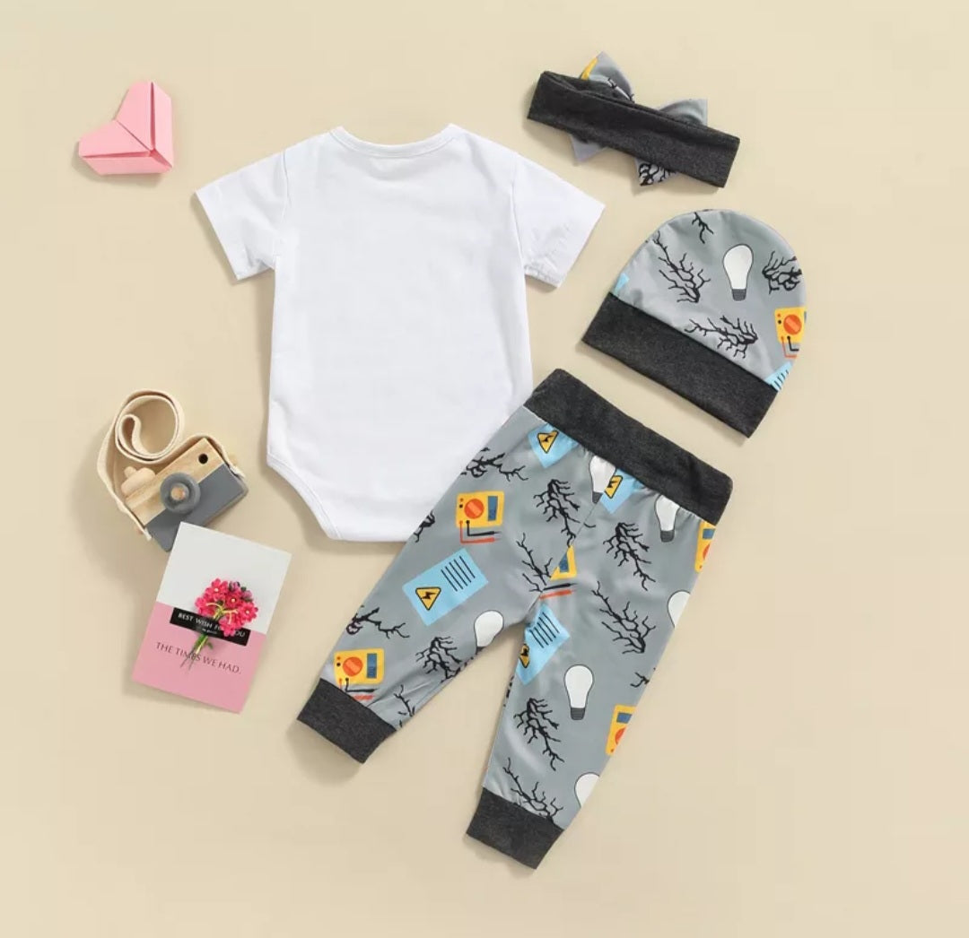 I Light My Daddy's World Romper with Matching Pants, Hat and Headband Gender Neutral
