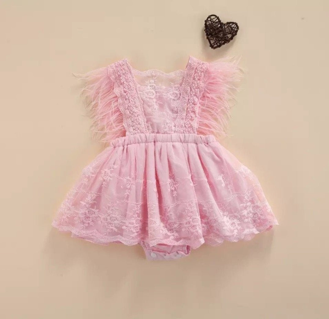 Pink Lace Romper with Feather Detail