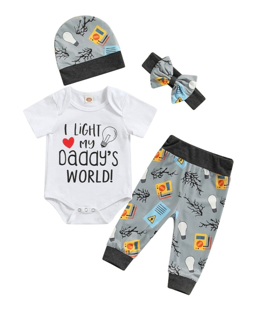 I Light My Daddy's World Romper with Matching Pants, Hat and Headband Gender Neutral