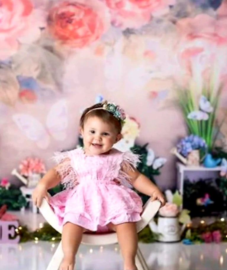 Pink Lace Romper with Feather Detail