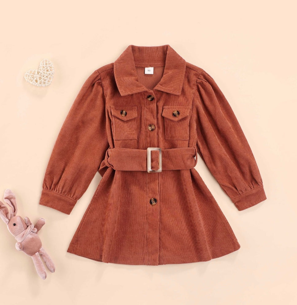 Caramel Corduroy Coat / Winter Dress with Waistband