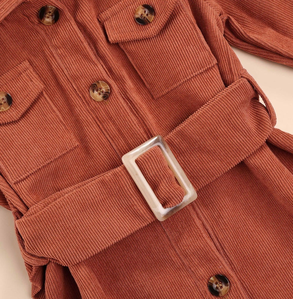 Caramel Corduroy Coat / Winter Dress with Waistband