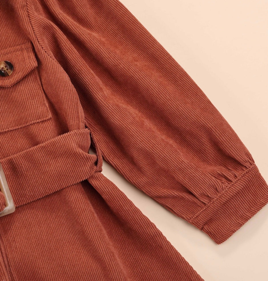 Caramel Corduroy Coat / Winter Dress with Waistband
