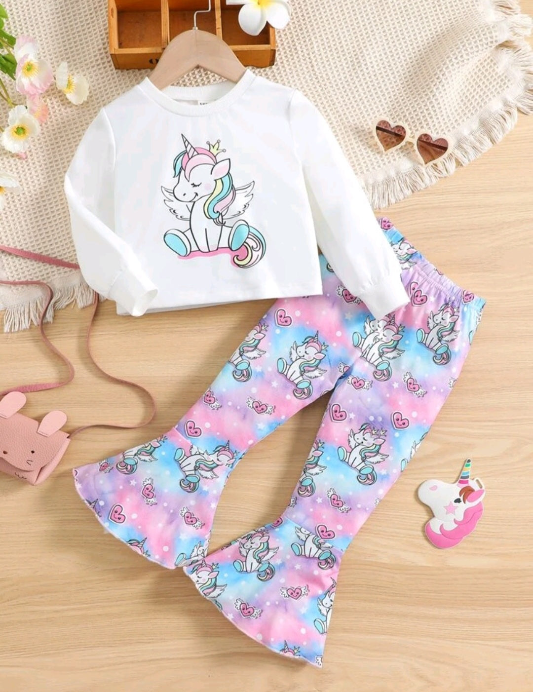 Unicorn Printed Long Sleeve Top and Bellbottoms (Pink and Blue)