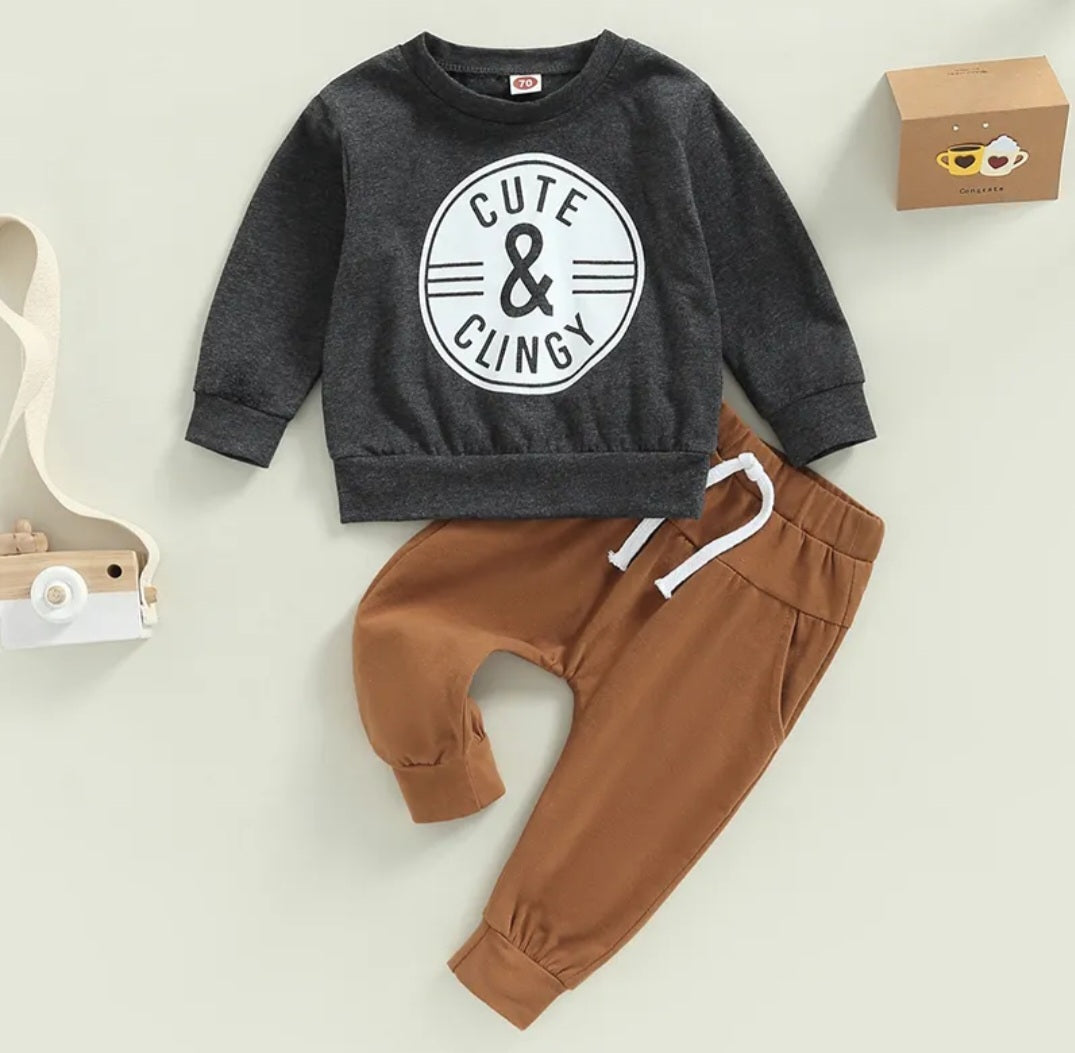 Gray Cute & Clingy Crewnek Top and Toffee Pants