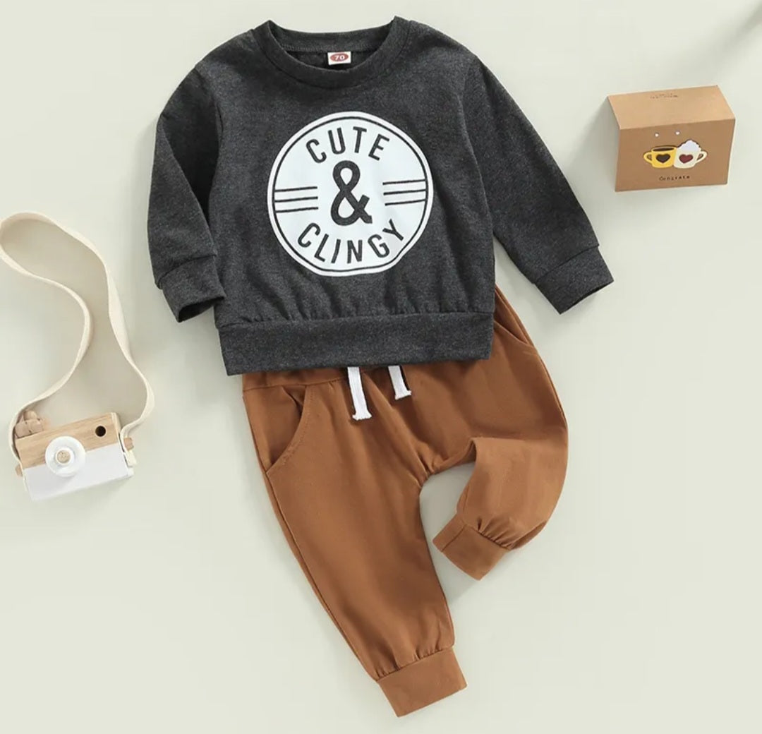 Gray Cute & Clingy Crewnek Top and Toffee Pants