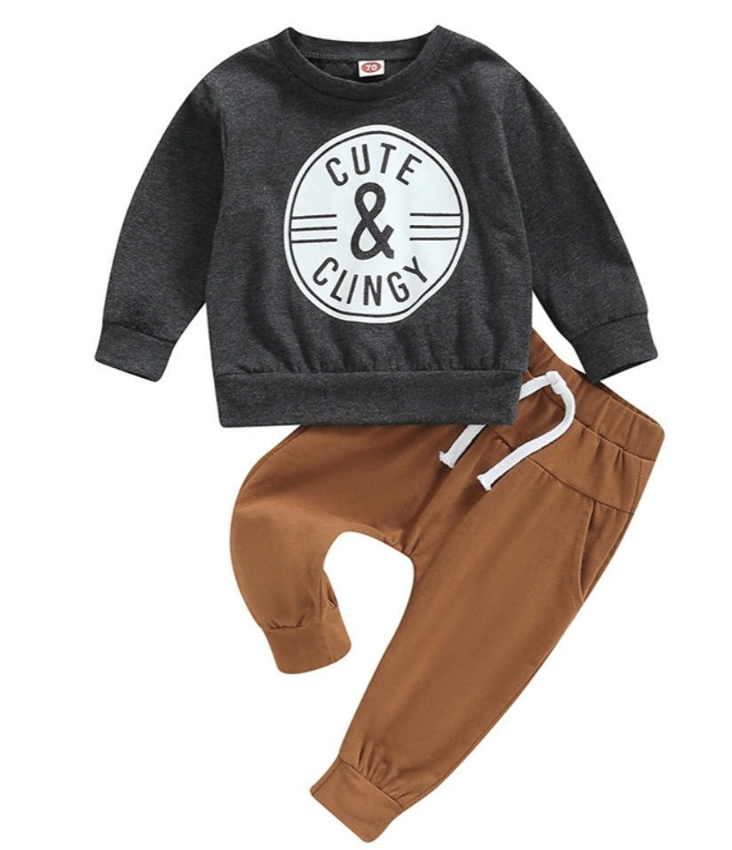 Gray Cute & Clingy Crewnek Top and Toffee Pants
