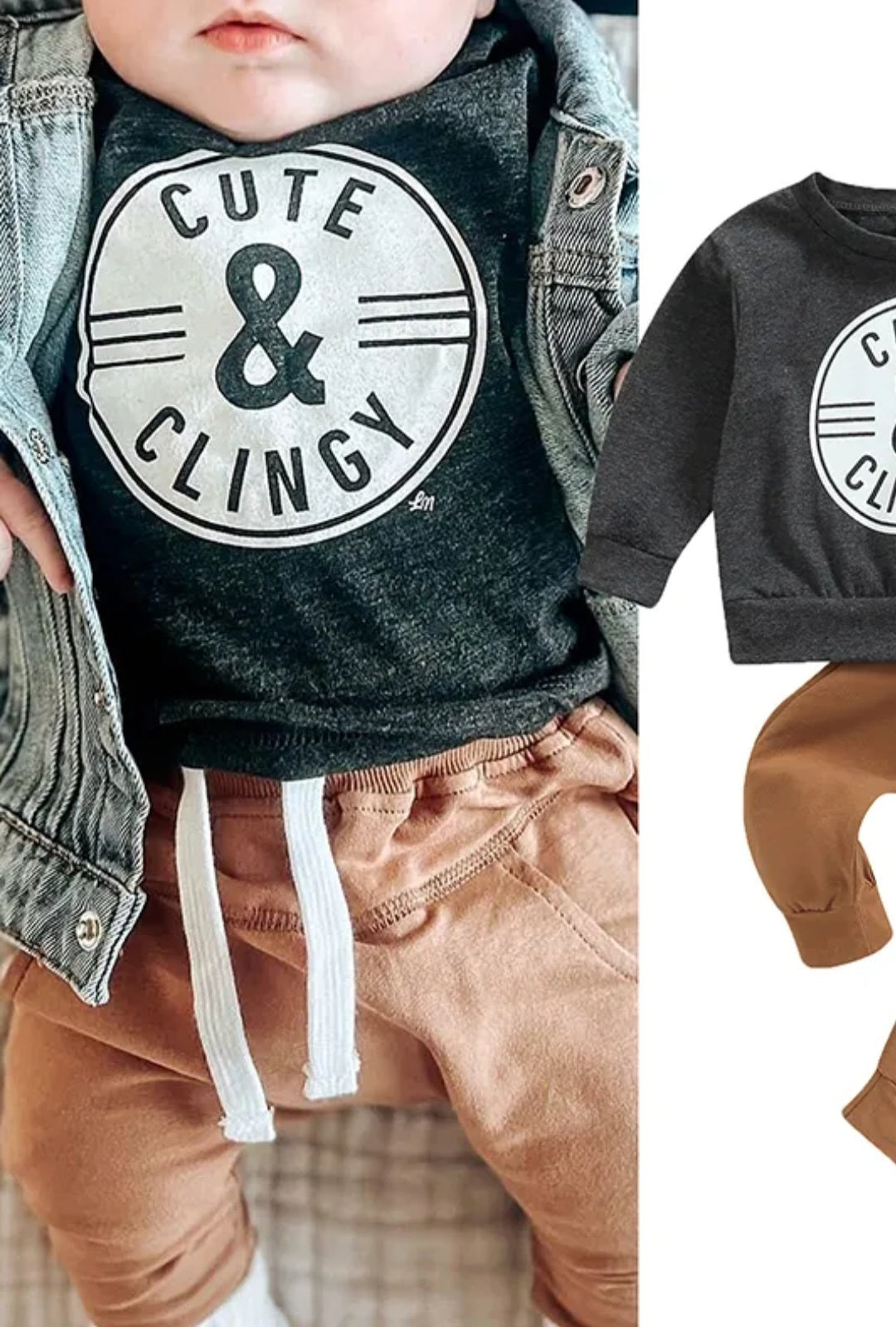 Gray Cute & Clingy Crewnek Top and Toffee Pants