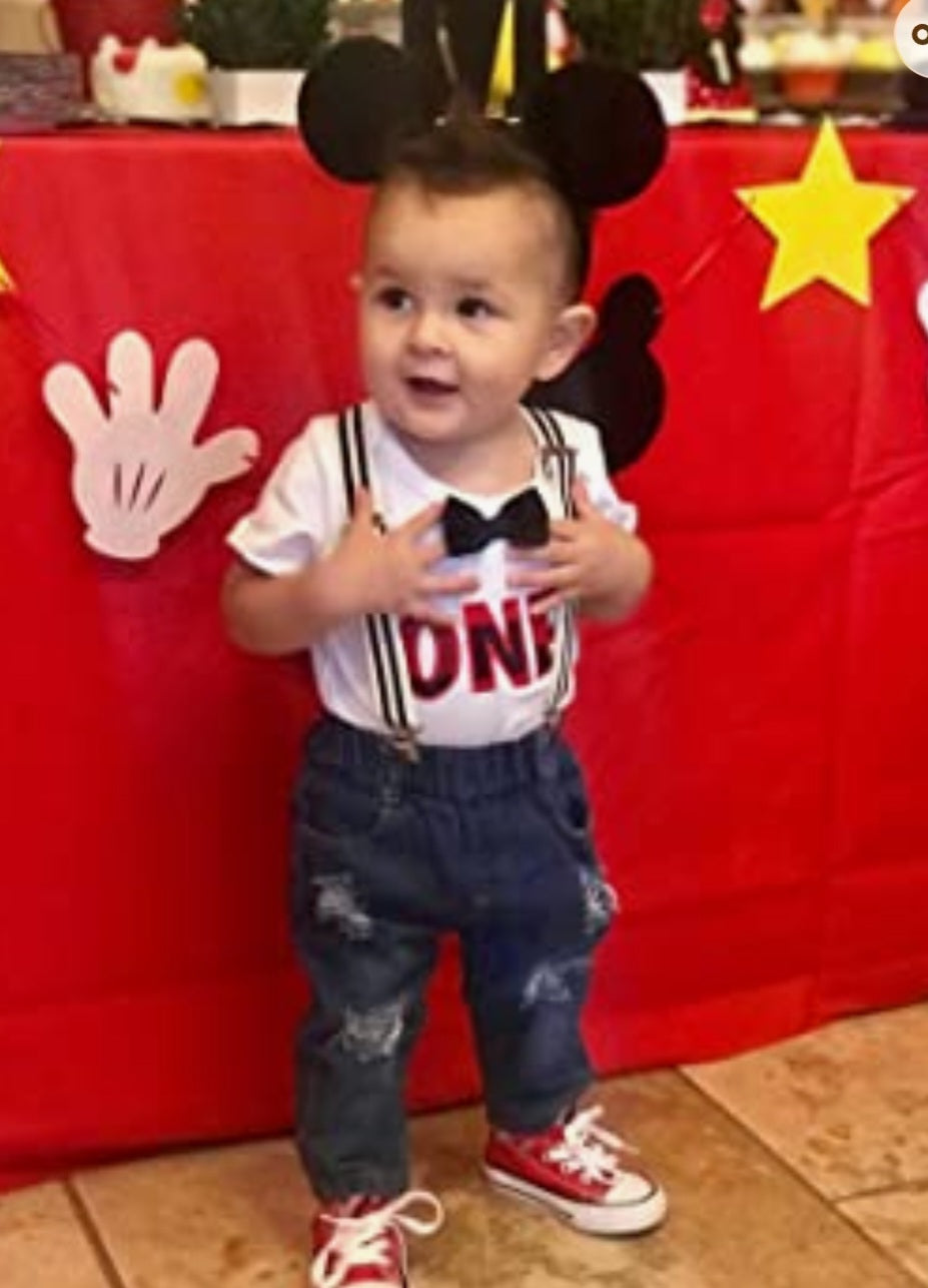 First Birthday Outfit ONE Romper Denims and Suspenders 2000347