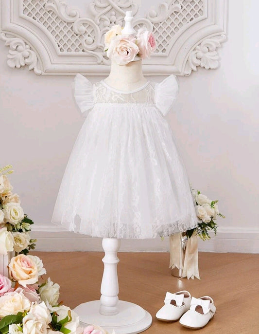 Ruffle Trim White Lace Tulle Dress 1001133