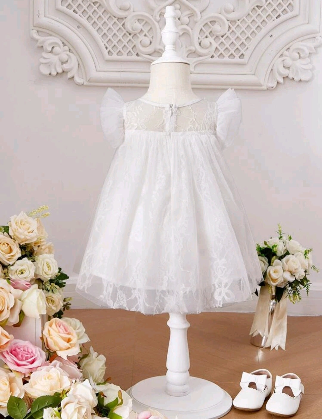 Ruffle Trim White Lace Tulle Dress