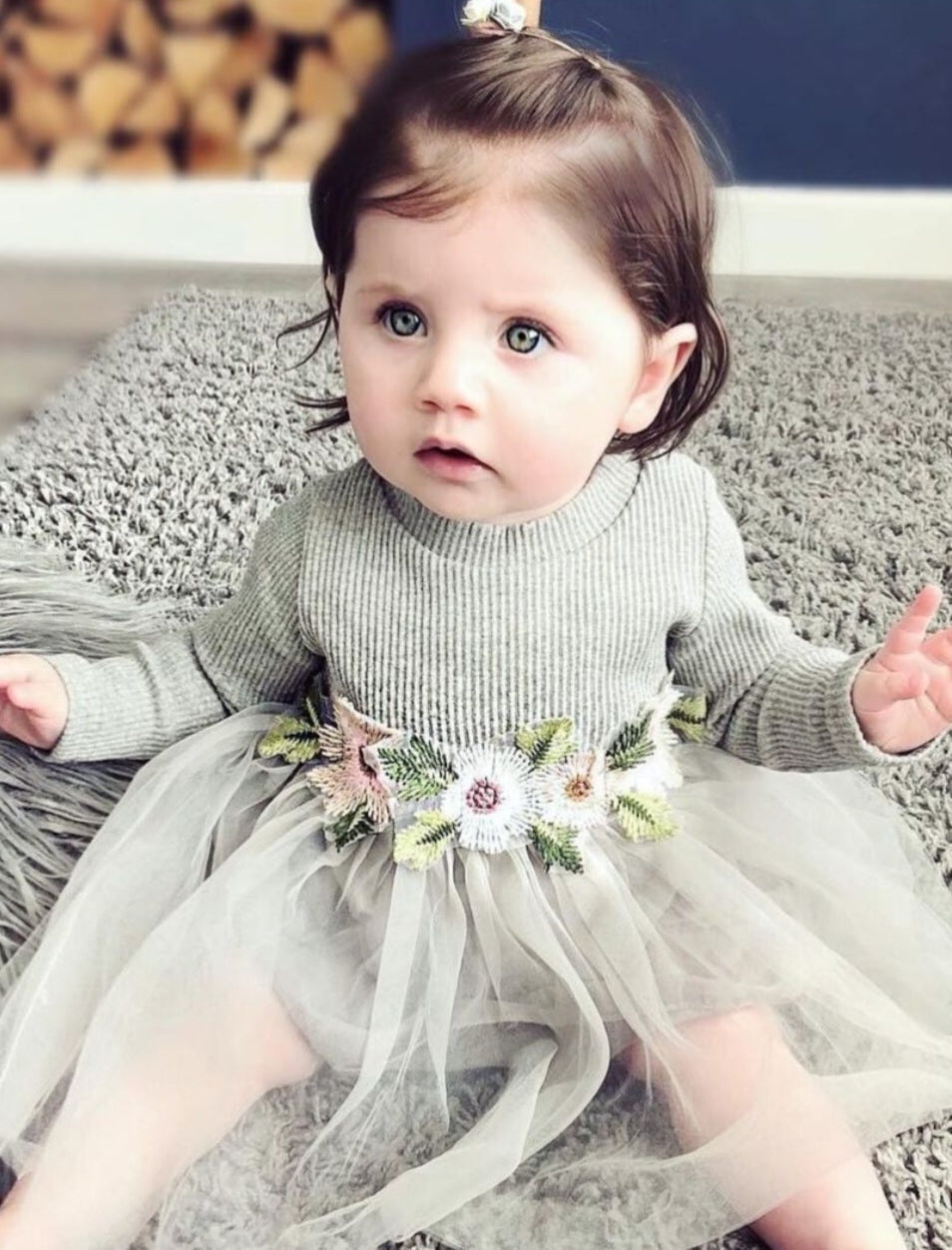 Gray Ribbed Lace Dress with Floral Design