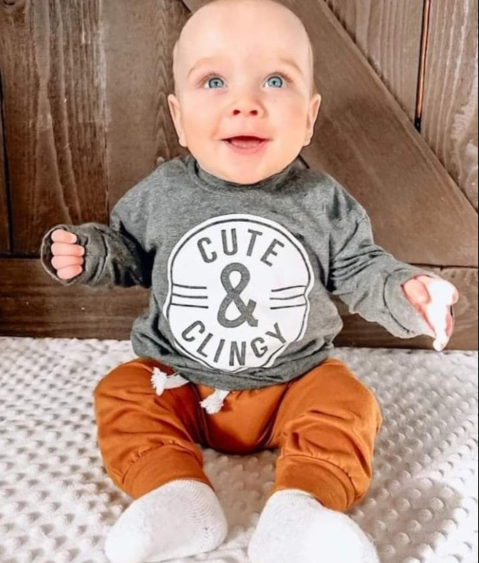 Gray Cute & Clingy Crewnek Top and Toffee Pants