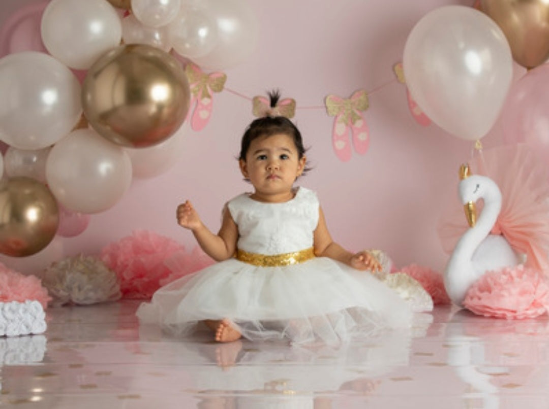 White Lace Tutu Dress with Gold Sequins Bow
