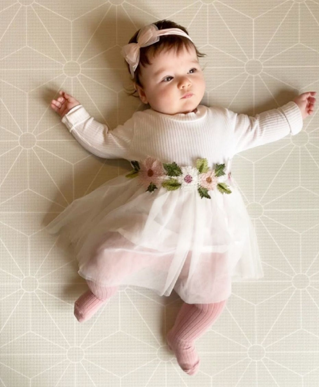 White Ribbed Lace Dress with Floral Design