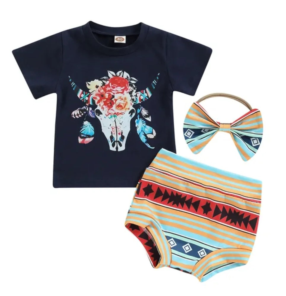Bucramium, Navy Boho Cow Skull T-shirt Bloomer and Headband