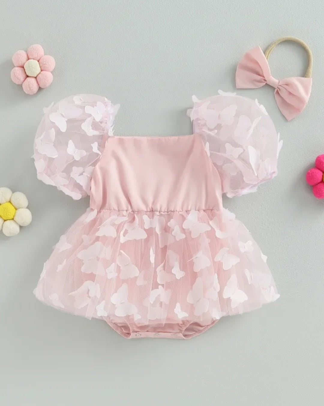 Pink Butterfly Puffy Sleeve Romper Dress