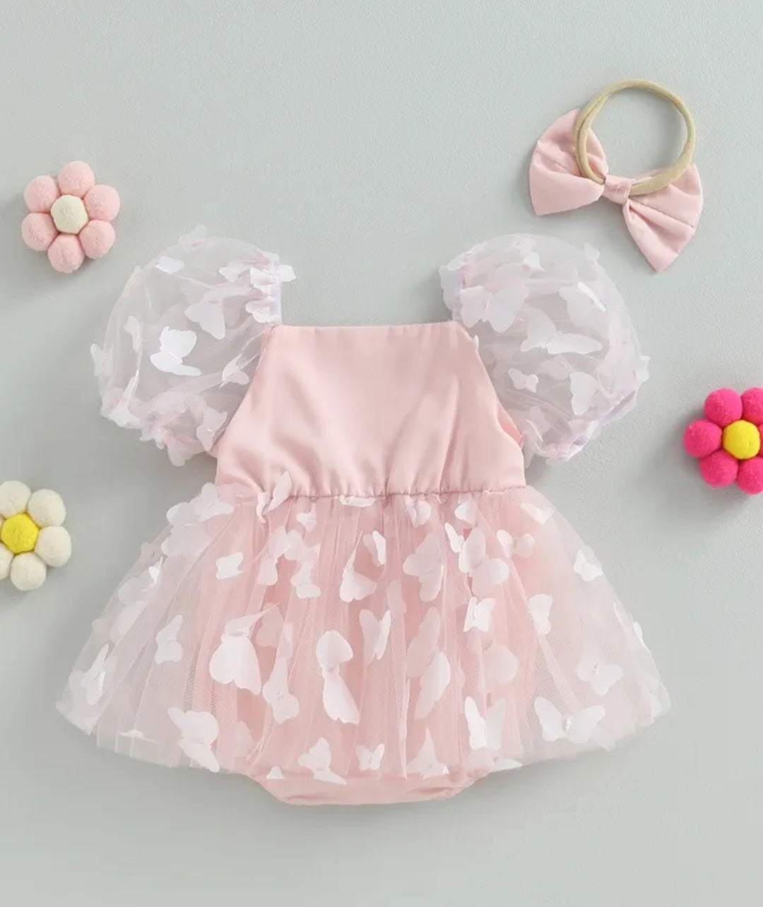 Pink Butterfly Puffy Sleeve Romper Dress