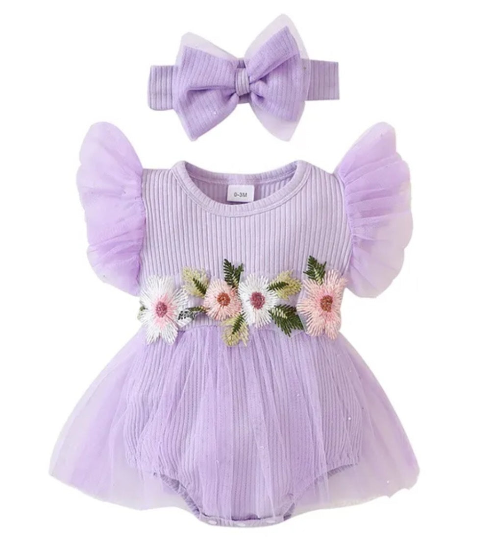 Purple Ribbed Floral Romper with Romantic Tulle Tutu and Headband