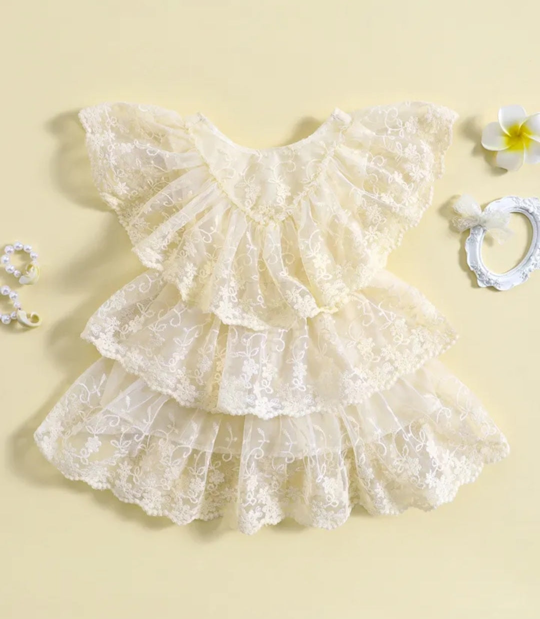 Off White Ruffle Lace  Dress 1001156