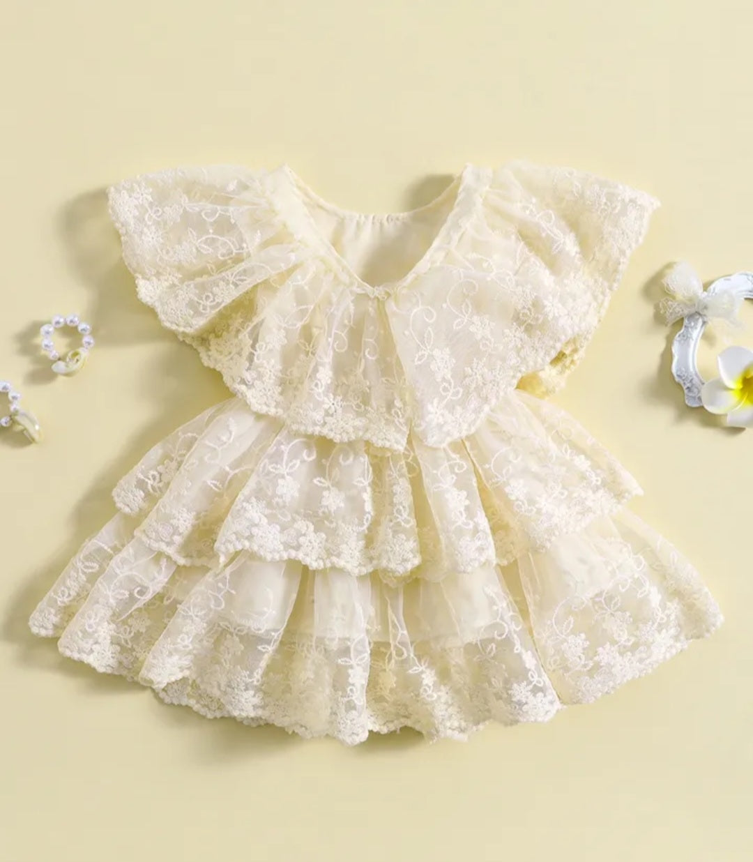 Off White Ruffle Lace  Dress 1001156