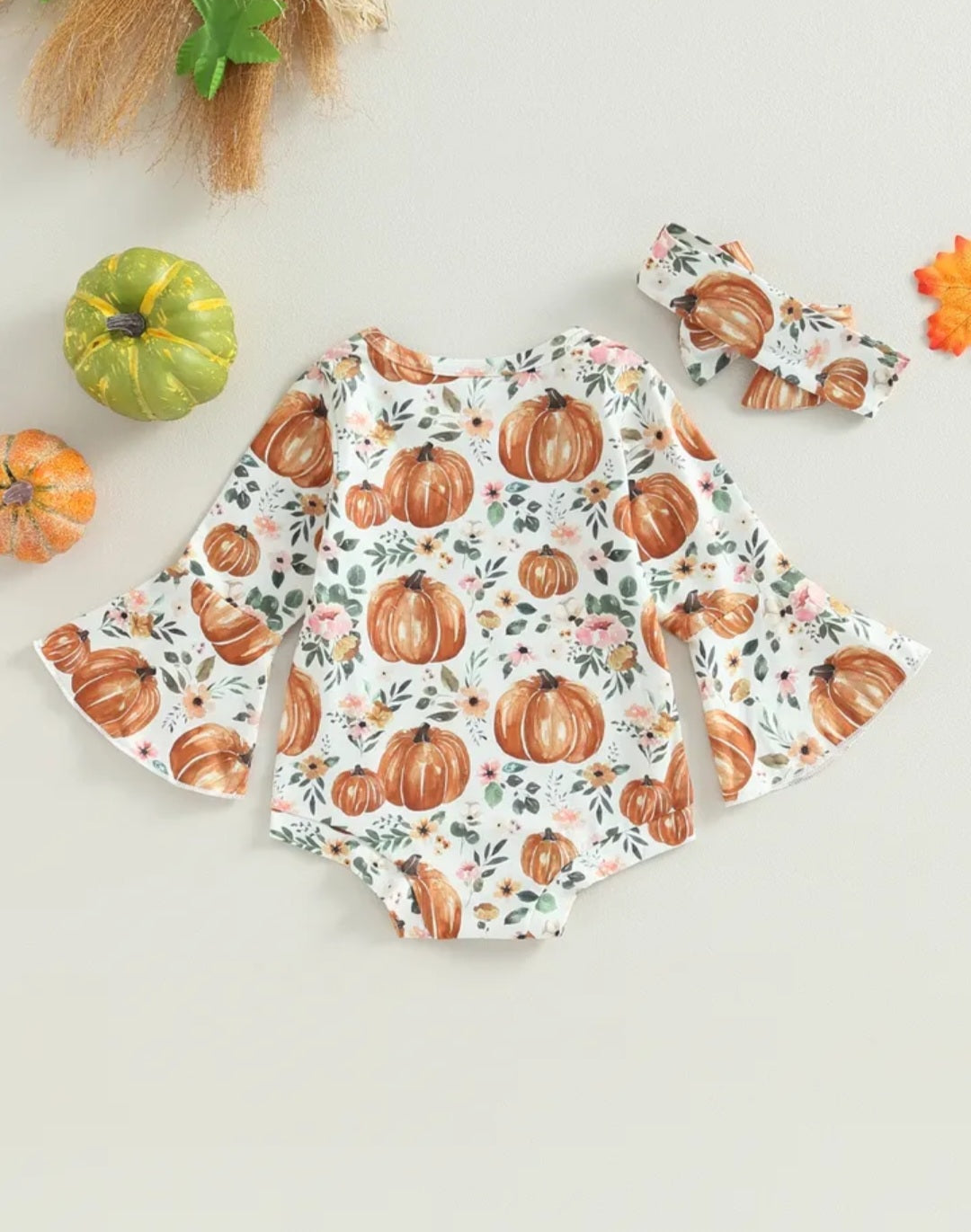 Floral Pumpkin Romper with Bell Sleeves and Headband