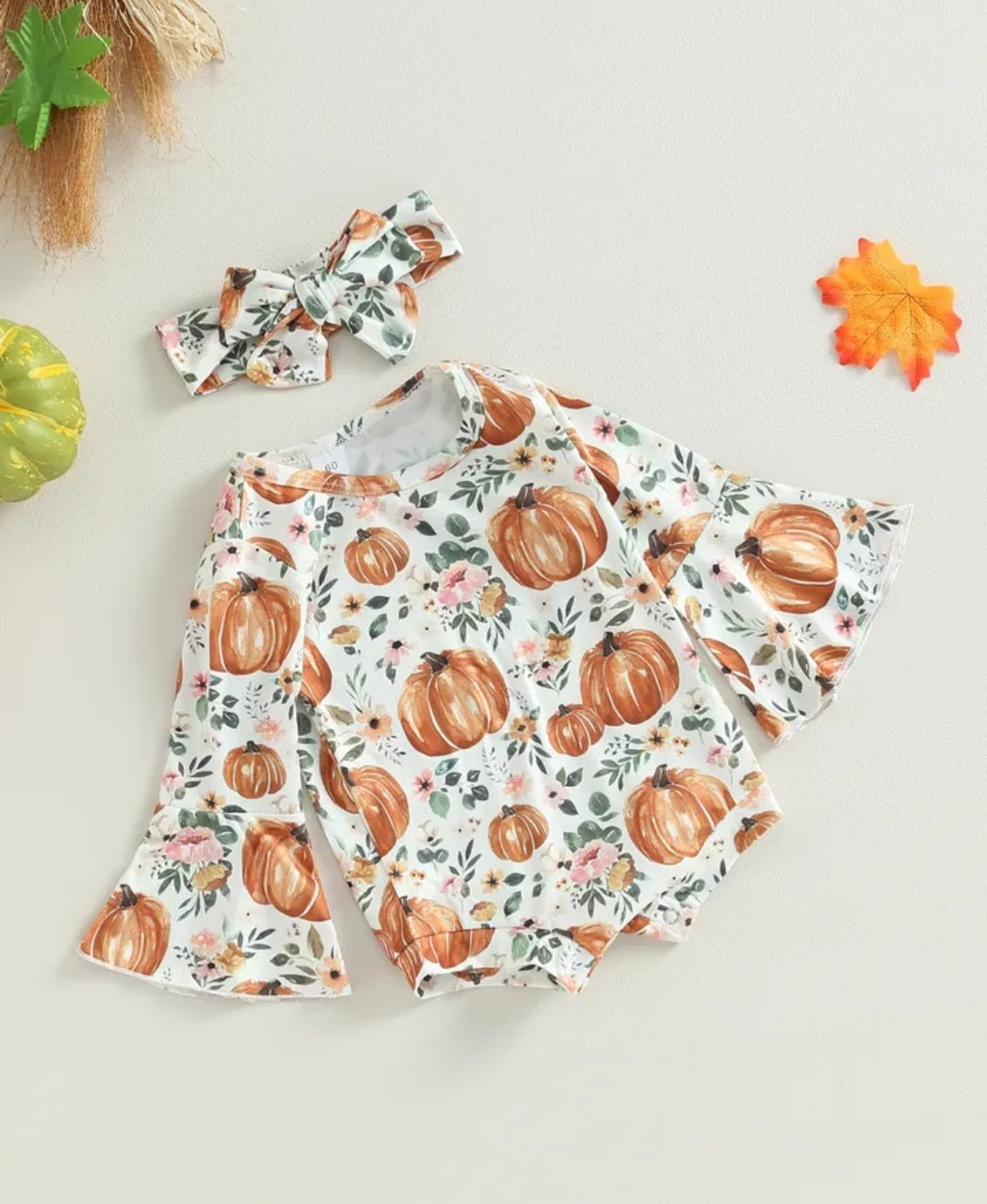 Floral Pumpkin Romper with Bell Sleeves and Headband