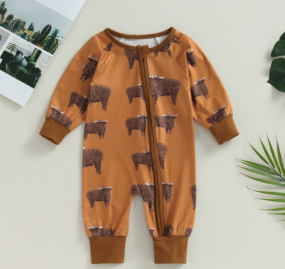 Tan Ranch Life Cow Romper with Side Zipper 2000352