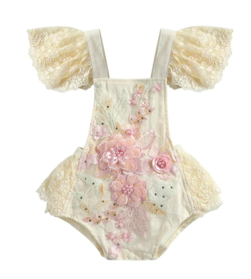 Pink Floral Embroidered Lace Romper
