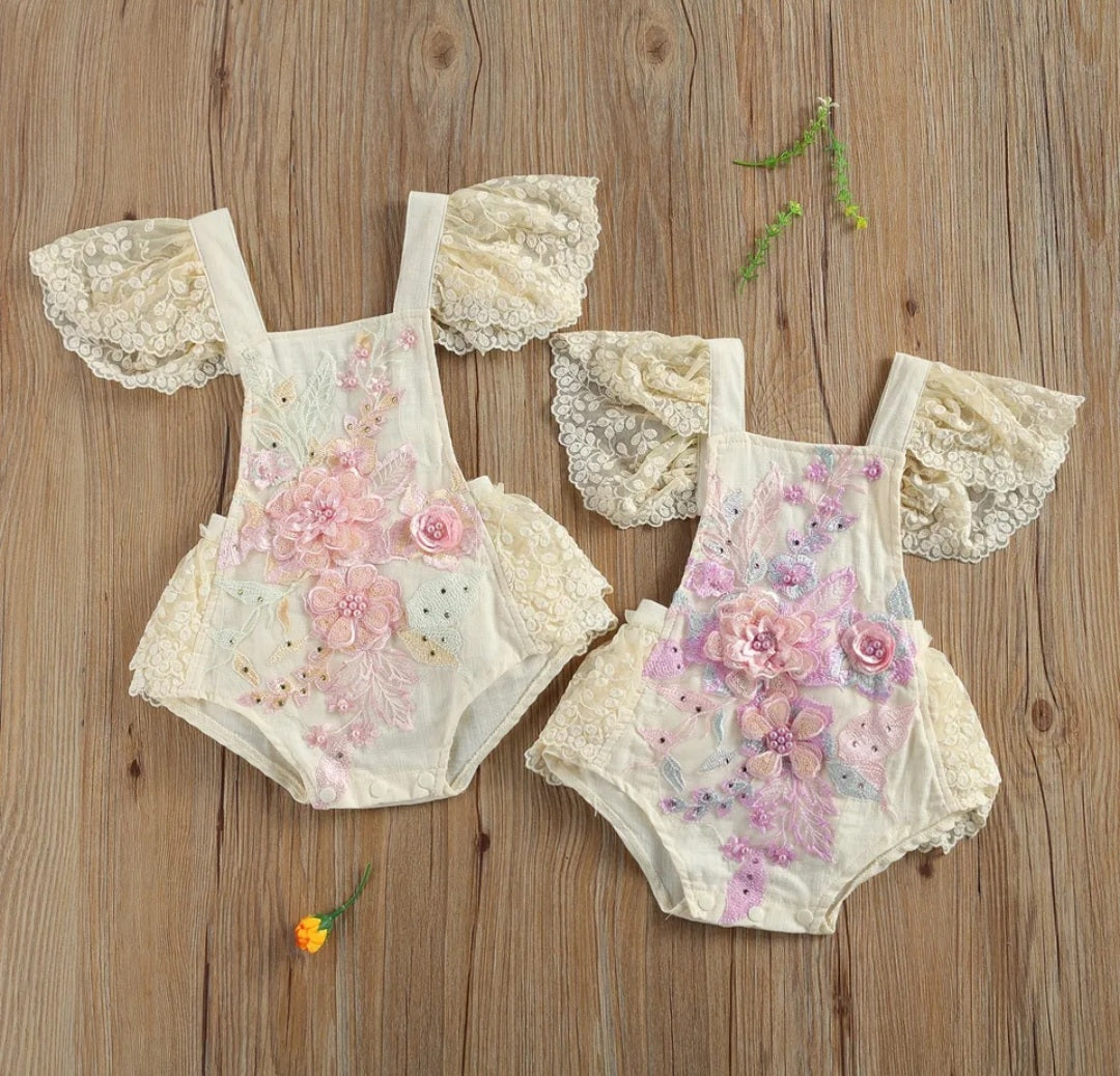 Pink Floral Embroidered Lace Romper
