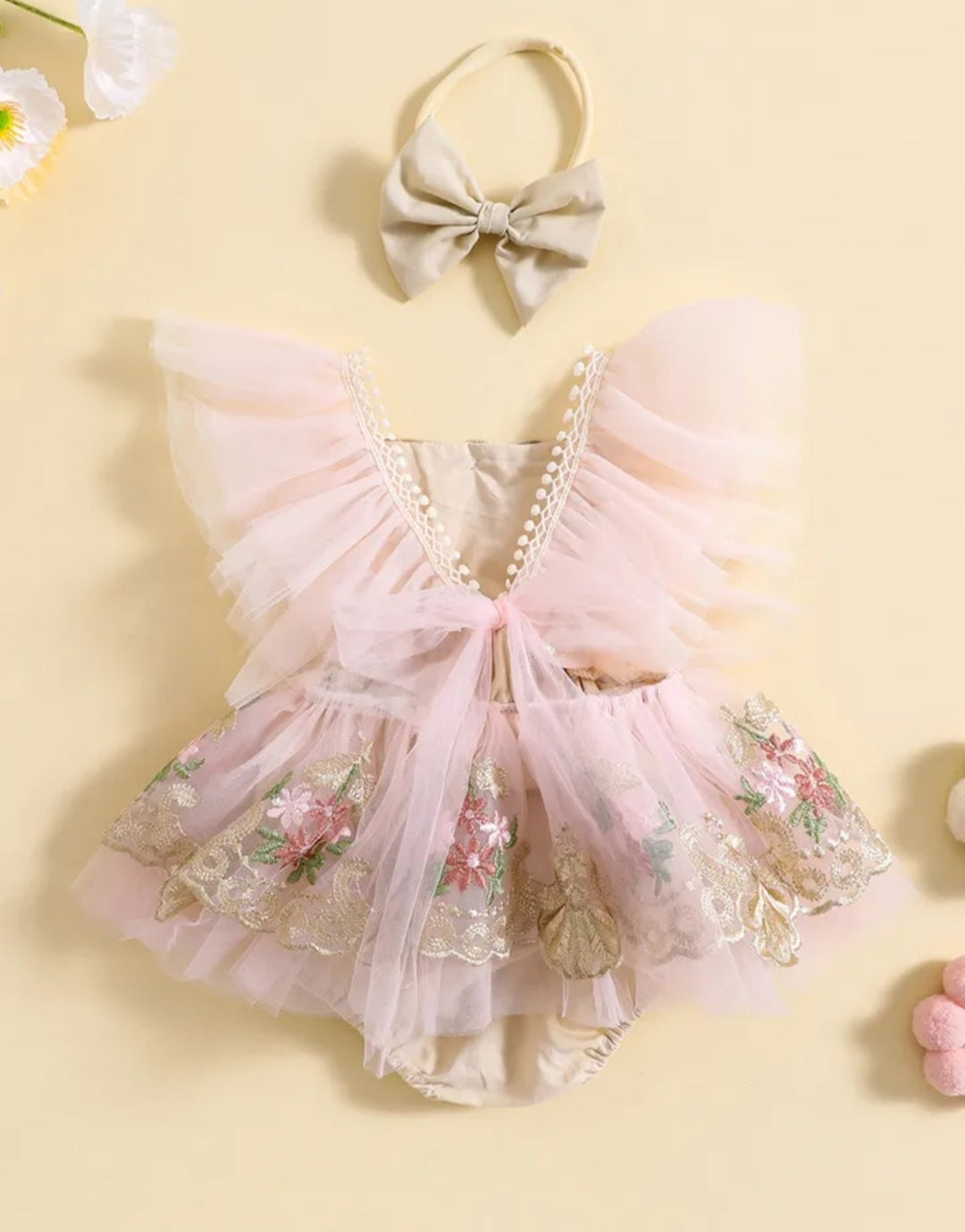 Ruffle Soft Pink Romper with Embroidered FloTulle and Headband  10004