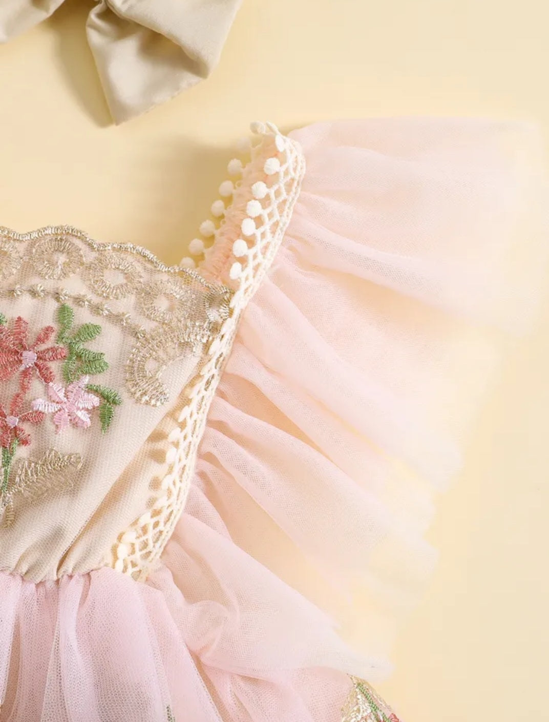 Ruffle Soft Pink Romper with Embroidered FloTulle and Headband  10004