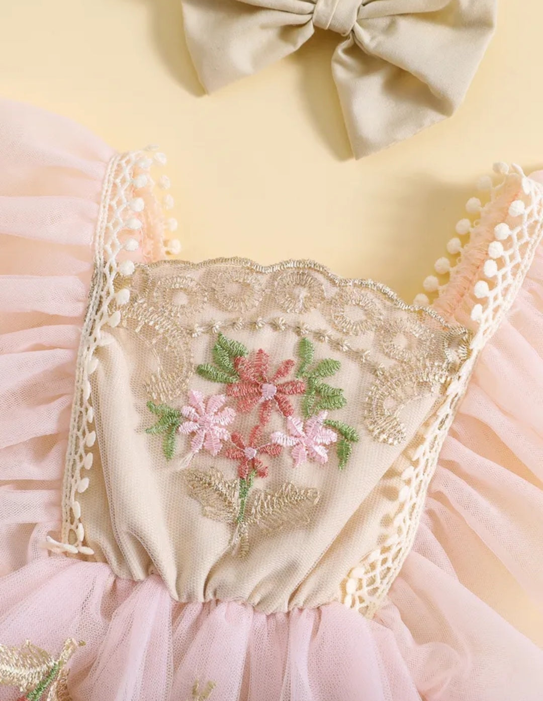 Ruffle Soft Pink Romper with Embroidered FloTulle and Headband  10004