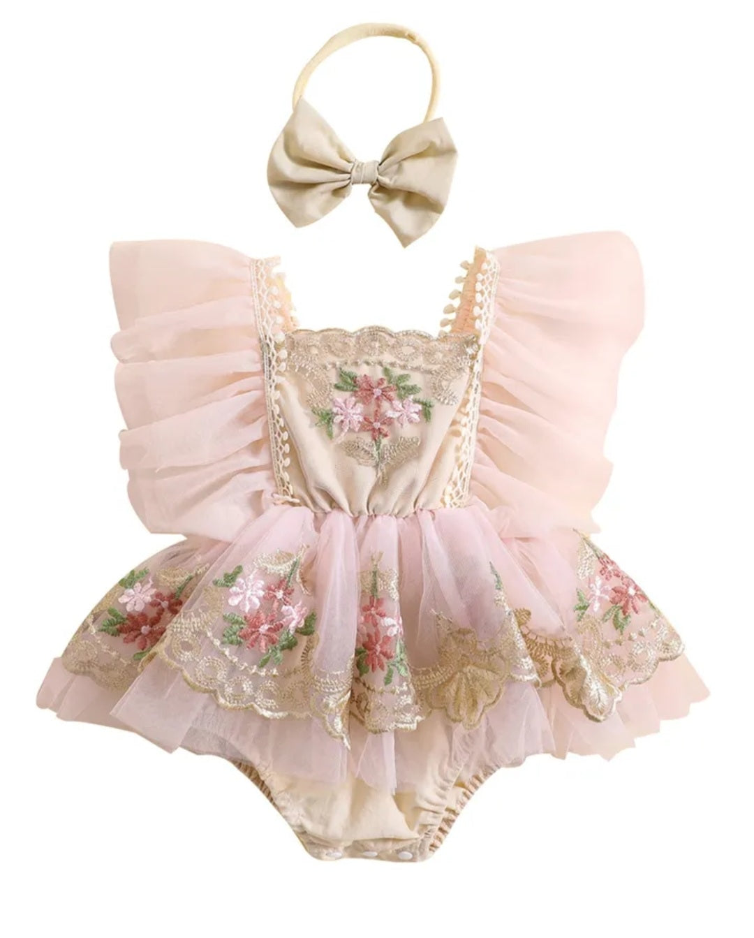 Ruffle Soft Pink Romper with Embroidered FloTulle and Headband  10004